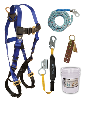 7015 Harness; 8149 Vert ical Lifeline, 8353LT Shock Absorbing Lanyard with Manual Grab ; 7410 Roof Anchor