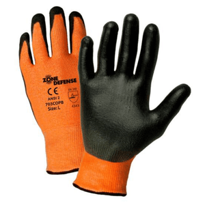 Cut Resistant Gloves - Zone Defense 703COPB 10 Gauge. Orange HPPE/High Performance Yarn /Nylon/Lycra Shell With Black PU Palm Coat: EN388 4343, ANSI A2 Cut Level