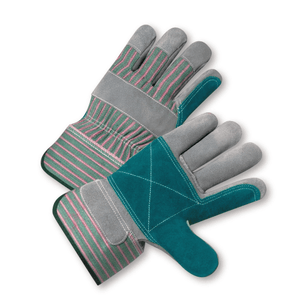 Gloves - Westchester-450DP Economy - Double Palm Shoulder Leather Rubberized Safety Cuff Glove - Green/Pink Fabric