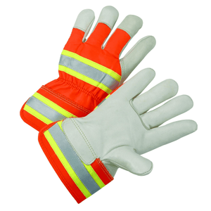Leather Palm Gloves - West Chester HVO5000, Hi-Viz Smooth Leather Gloves, Safety Cuff, Reflective, 12 Pair