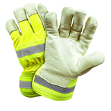 Leather Palm Gloves - West Chester HVY5555 Hi-Viz Leather Gloves, Pigskin, Reflective Safety Cuff, 12 Pair